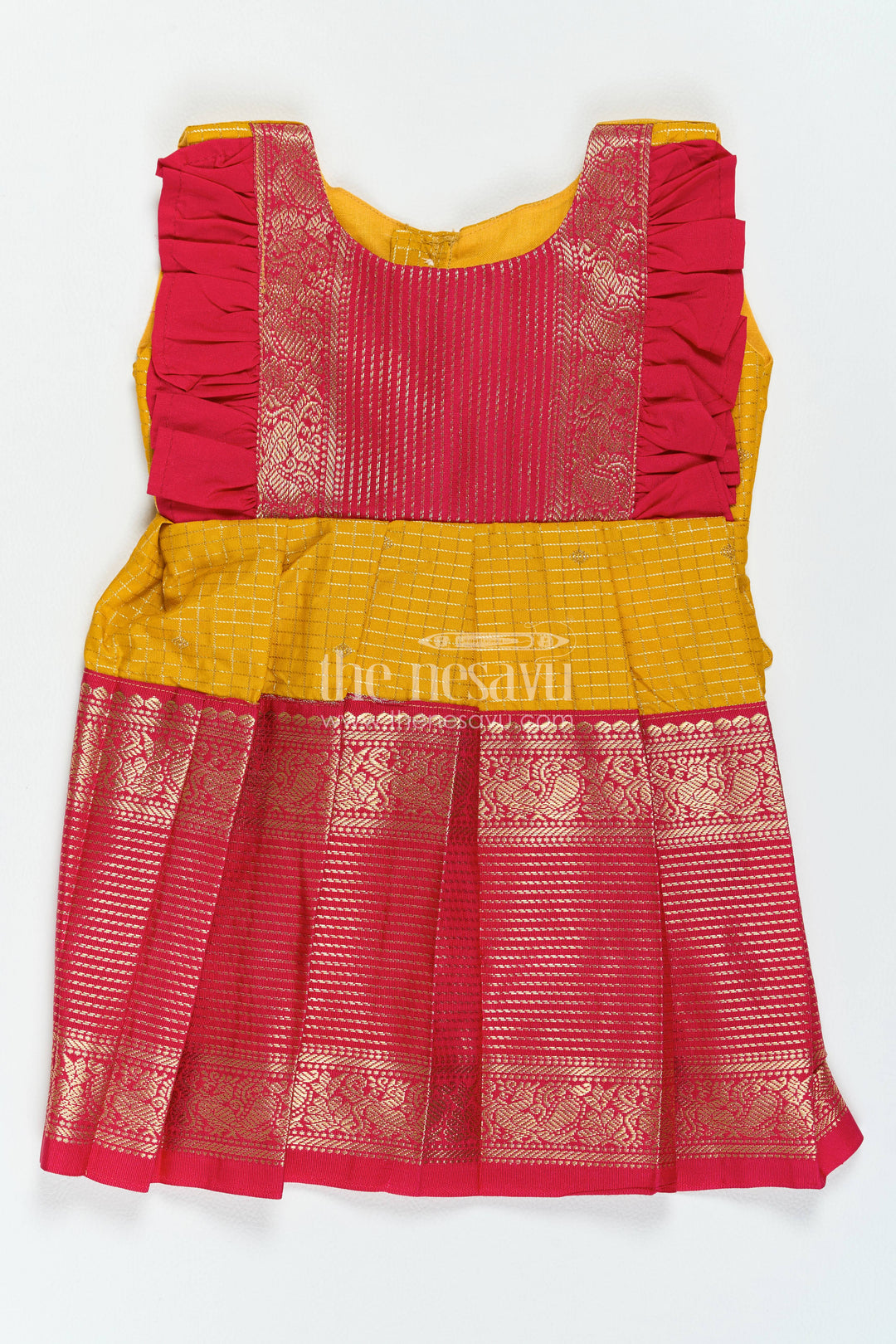 The Nesavu Girls Kanchi Silk Frock Silk Frock for Girls in Yellow with an Occasion Ready Finish Nesavu 10 (NB) / Yellow / Style 2 KSF100CB-10 Nesavu Silk Frock For Girls In Yellow For Parties And Memorable Photos KSF100CB-10