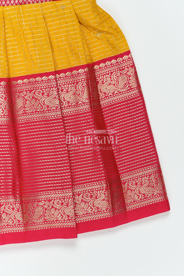 The Nesavu Girls Kanchi Silk Frock Silk Frock for Girls in Yellow with an Occasion Ready Finish Nesavu Nesavu Silk Frock For Girls In Yellow For Parties And Memorable Photos