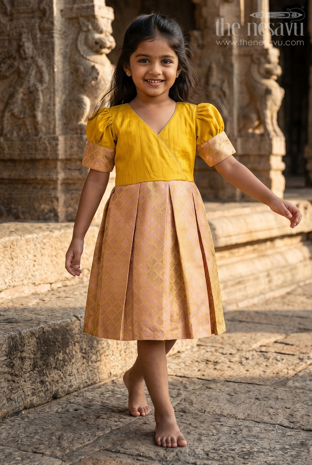 The Nesavu Silk Frock Silk Frock for Toddler Girls Perfect for Traditional Festivals and Temple Visits Nesavu 18 (2Y) / Yellow SF1057A-18 Nesavu silk frock toddler girls semi banaras bottom  ideal Diwali temple visits