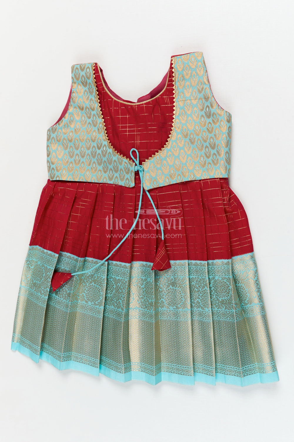 The Nesavu Girls Kanchi Silk Frock Silk Frock for Toddler Girls with Bridal Saree Inspired Detailing for Festive Occasions Nesavu 10 (NB) / Red / style 1 KSF004AA-10 Nesavu toddler girl silk frock with bridal saree inspired zari borders for traditional functions