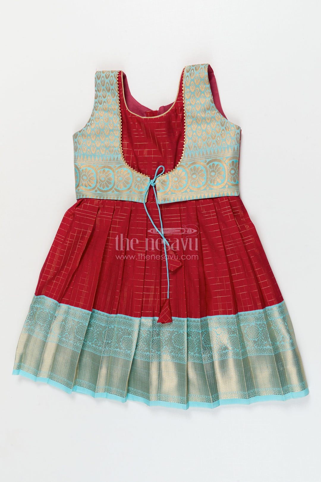 The Nesavu Girls Kanchi Silk Frock Silk Frock for Toddler Girls with Bridal Saree Inspired Detailing for Festive Occasions Nesavu 10 (NB) / Red / style 2 KSF004AB-10 Nesavu toddler girl silk frock with bridal saree inspired zari borders for traditional functions