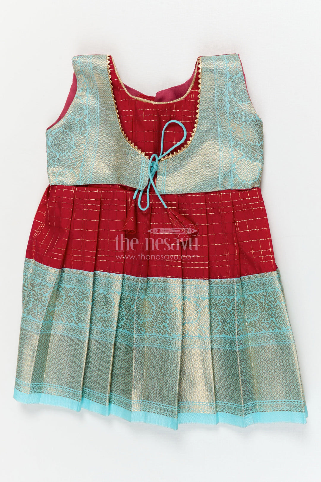 The Nesavu Girls Kanchi Silk Frock Silk Frock for Toddler Girls with Bridal Saree Inspired Detailing for Festive Occasions Nesavu 10 (NB) / Red / style 3 KSF004AC-10 Nesavu toddler girl silk frock with bridal saree inspired zari borders for traditional functions