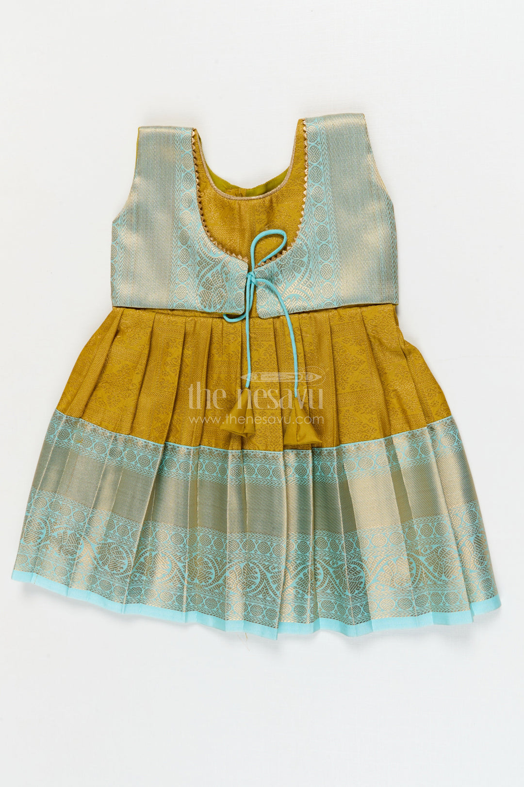 The Nesavu Girls Kanchi Silk Frock Silk Frock for Toddler Girls with Jacquard Kanchivaram Saree Inspired Festive Design Nesavu 10 (NB) / Yellow / style 3 KSF029CC-10 Nesavu toddler girl silk frock with jacquard Kanchivaram inspired zari borders for festive and traditional wear