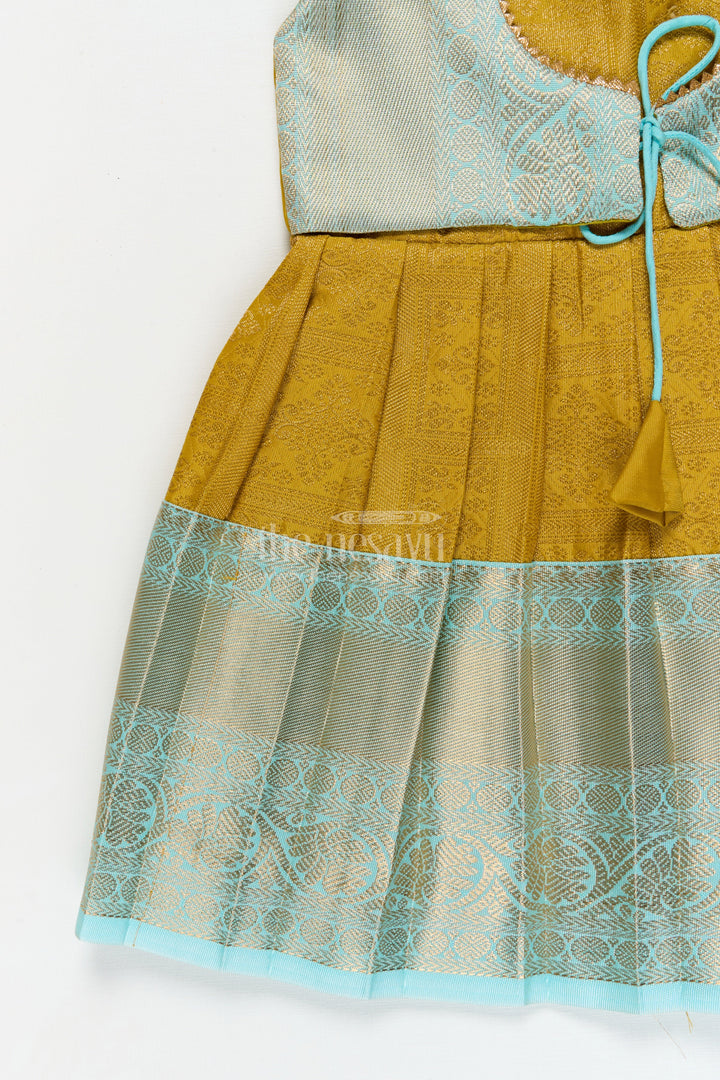 The Nesavu Girls Kanchi Silk Frock Silk Frock for Toddler Girls with Jacquard Kanchivaram Saree Inspired Festive Design Nesavu Nesavu toddler girl silk frock with jacquard Kanchivaram inspired zari borders for festive and traditional wear
