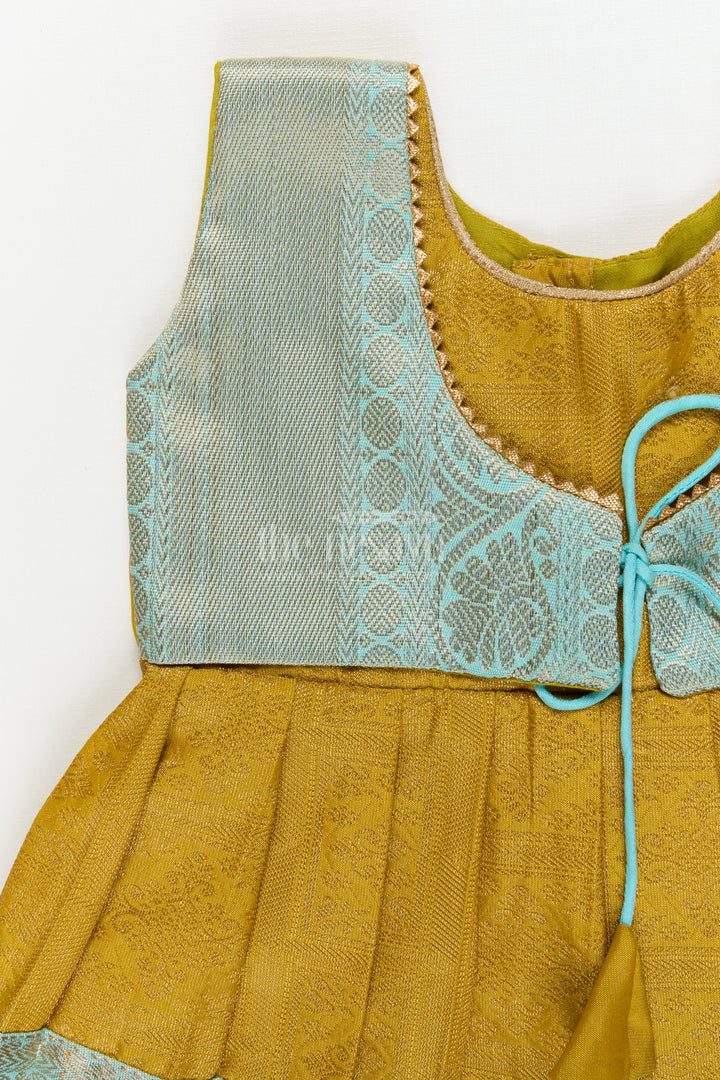 The Nesavu Girls Kanchi Silk Frock Silk Frock for Toddler Girls with Jacquard Kanchivaram Saree Inspired Festive Design Nesavu Nesavu toddler girl silk frock with jacquard Kanchivaram inspired zari borders for festive and traditional wear