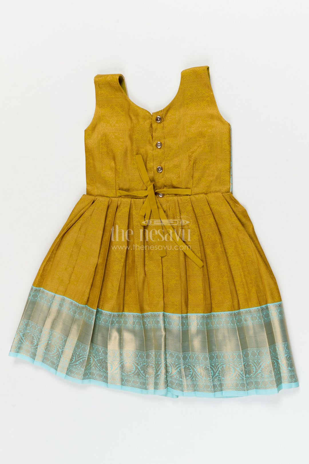 The Nesavu Girls Kanchi Silk Frock Silk Frock for Toddler Girls with Jacquard Kanchivaram Saree Inspired Festive Design Nesavu Nesavu toddler girl silk frock with jacquard Kanchivaram inspired zari borders for festive and traditional wear