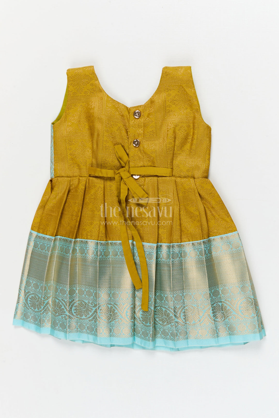 The Nesavu Girls Kanchi Silk Frock Silk Frock for Toddler Girls with Jacquard Kanchivaram Saree Inspired Festive Design Nesavu Nesavu toddler girl silk frock with jacquard Kanchivaram inspired zari borders for festive and traditional wear