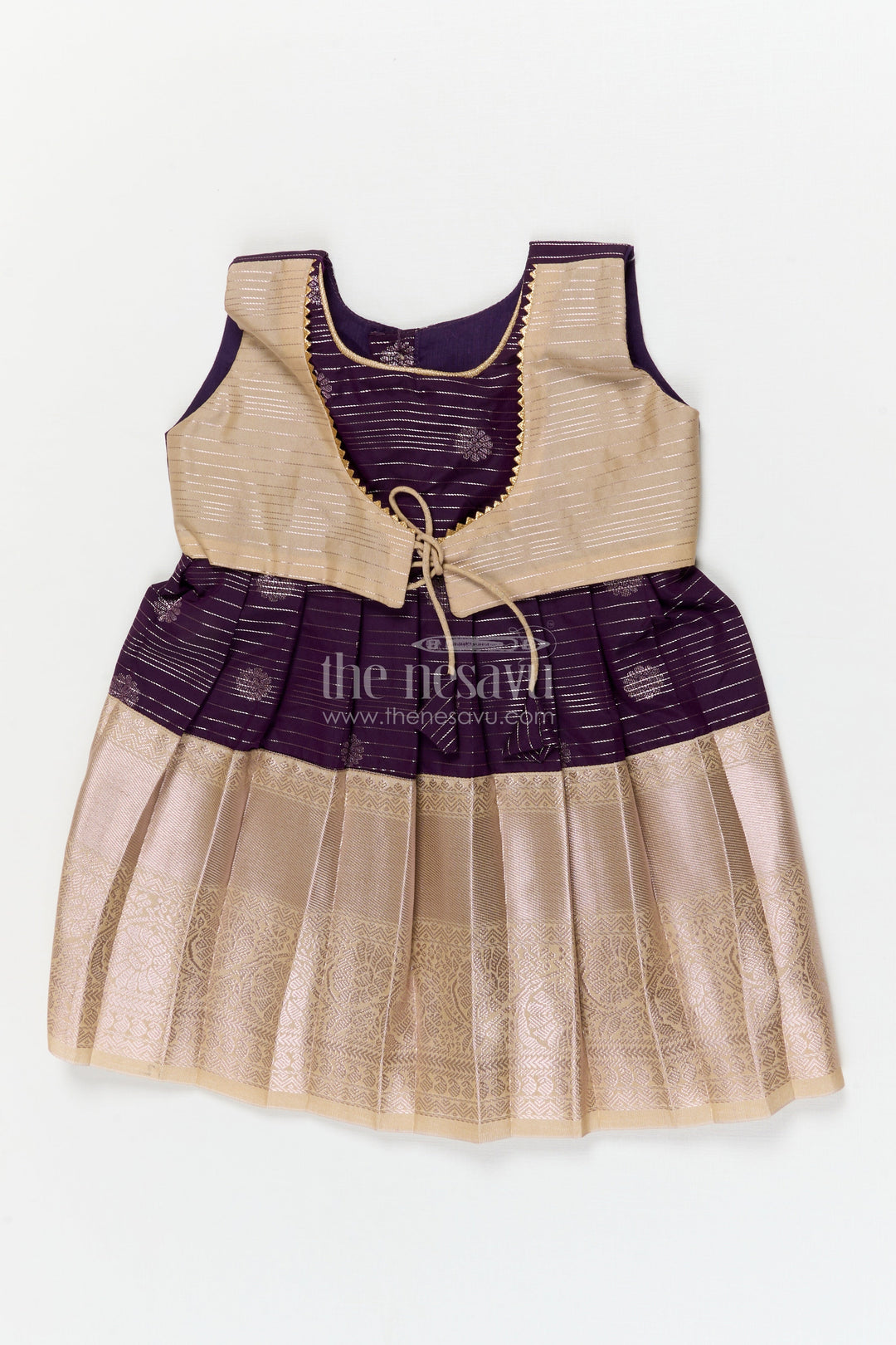 The Nesavu Girls Kanchi Silk Frock Silk Frock for Toddler Girls with Kanchivaram Saree Inspired Festive Design Nesavu 10 (NB) / Blue / style 2 KSF007AB-10 Nesavu toddler girl festive silk frock with Kanchivaram saree inspired zari butta and border detailing