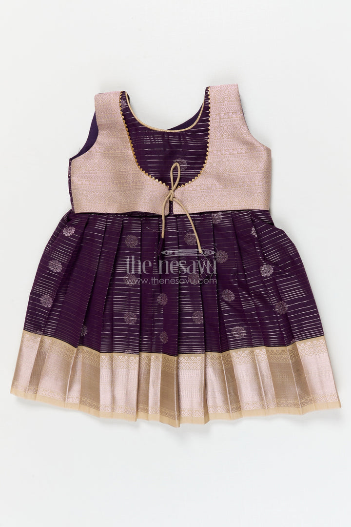 The Nesavu Girls Kanchi Silk Frock Silk Frock for Toddler Girls with Kanchivaram Saree Inspired Festive Design Nesavu 10 (NB) / Blue / style 3 KSF007AC-10 Nesavu toddler girl festive silk frock with Kanchivaram saree inspired zari butta and border detailing