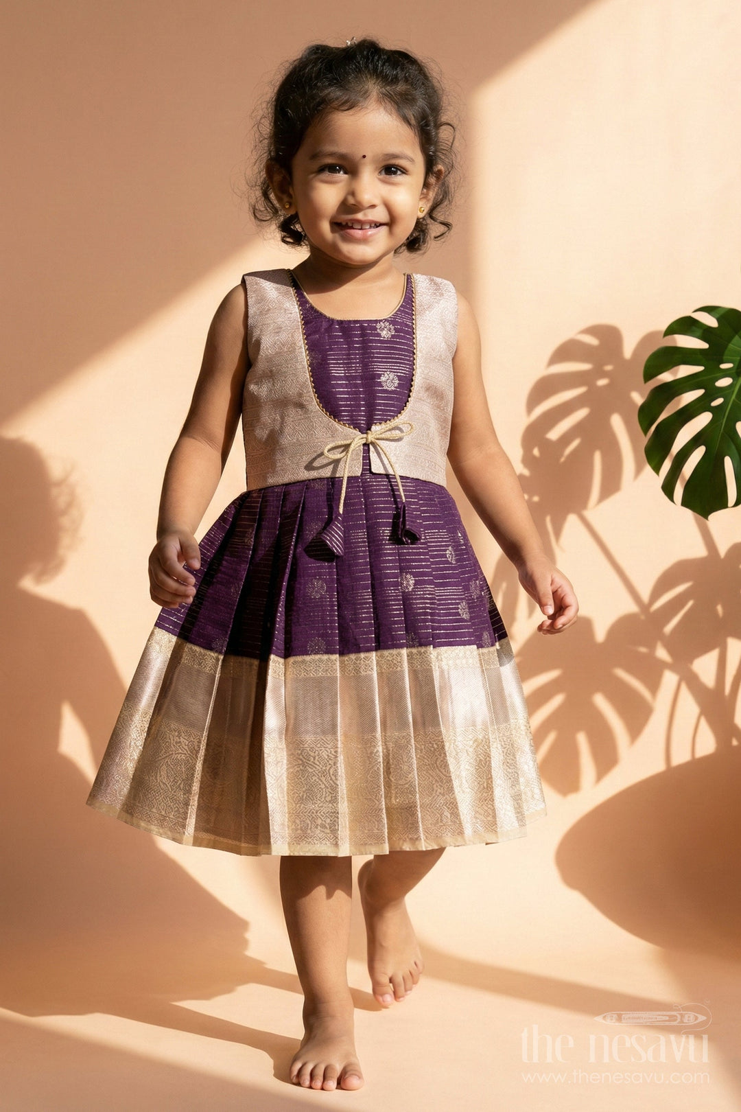 The Nesavu Girls Kanchi Silk Frock Silk Frock for Toddler Girls with Kanchivaram Saree Inspired Festive Design Nesavu Nesavu toddler girl festive silk frock with Kanchivaram saree inspired zari butta and border detailing