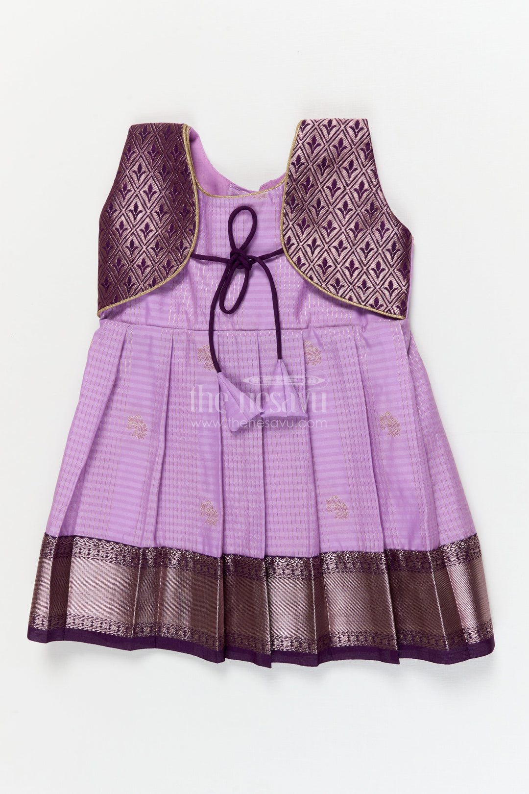 The Nesavu Girls Kanchi Silk Frock Silk Frock for Toddler Girls with Latest Kanchivaram Saree Inspired Zari Border Design Nesavu 10 (NB) / Purple / style 3 KSF016BC-10 Nesavu toddler girl silk frock with latest Kanchivaram saree inspired zari weaving and festive finish
