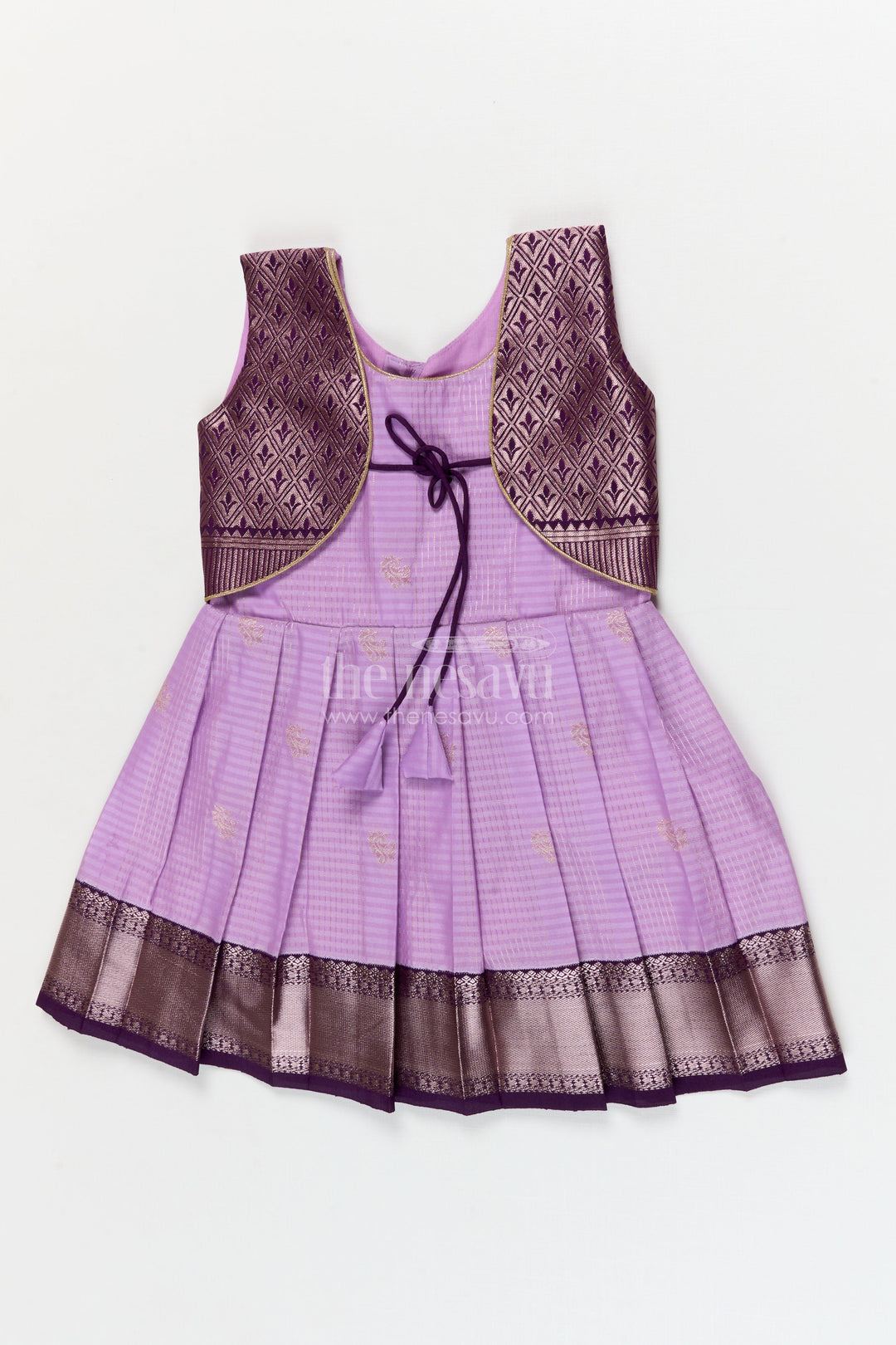 The Nesavu Girls Kanchi Silk Frock Silk Frock for Toddler Girls with Latest Kanchivaram Saree Inspired Zari Border Design Nesavu 10 (NB) / Purple / style 4 KSF016BD-10 Nesavu toddler girl silk frock with latest Kanchivaram saree inspired zari weaving and festive finish