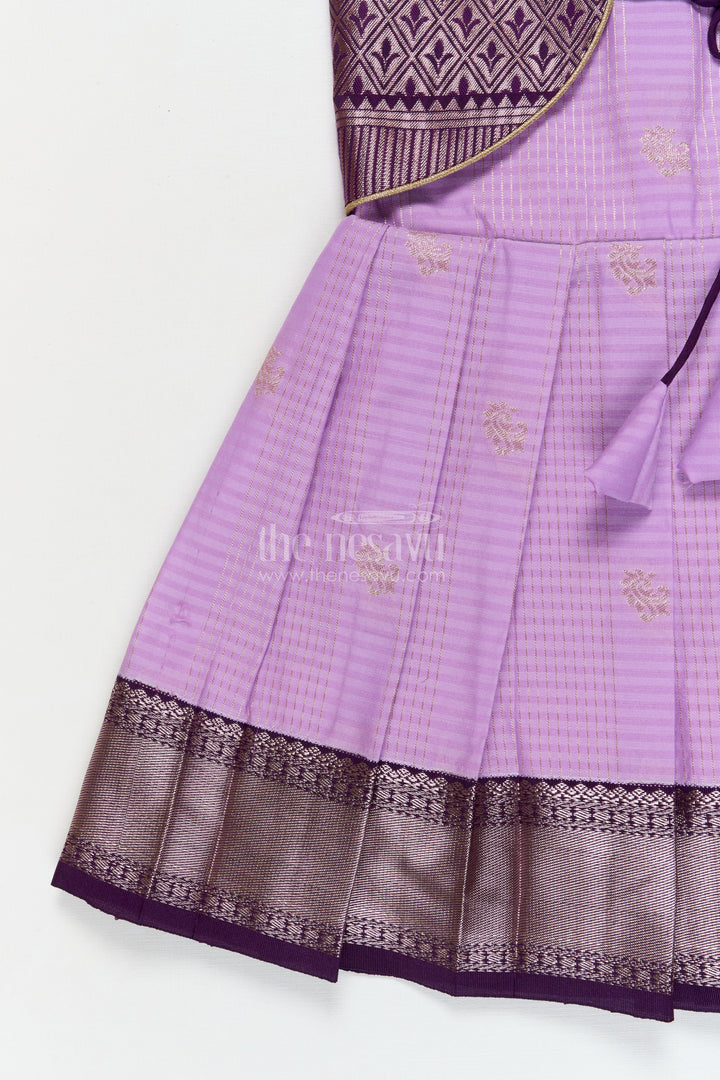 The Nesavu Girls Kanchi Silk Frock Silk Frock for Toddler Girls with Latest Kanchivaram Saree Inspired Zari Border Design Nesavu Nesavu toddler girl silk frock with latest Kanchivaram saree inspired zari weaving and festive finish