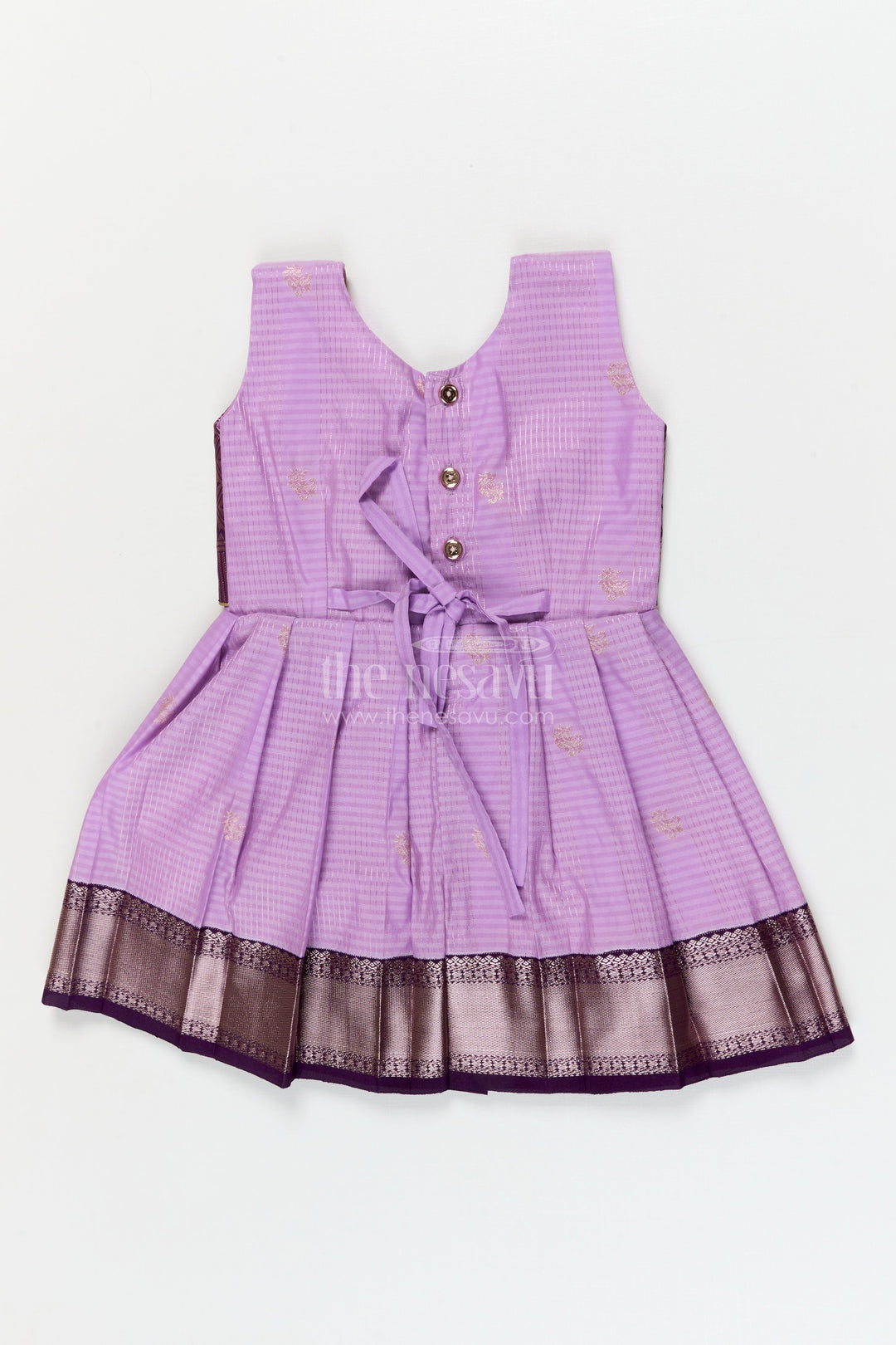 The Nesavu Girls Kanchi Silk Frock Silk Frock for Toddler Girls with Latest Kanchivaram Saree Inspired Zari Border Design Nesavu Nesavu toddler girl silk frock with latest Kanchivaram saree inspired zari weaving and festive finish