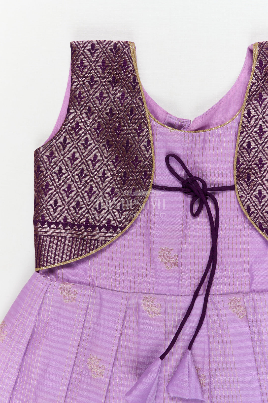 The Nesavu Girls Kanchi Silk Frock Silk Frock for Toddler Girls with Latest Kanchivaram Saree Inspired Zari Border Design Nesavu Nesavu toddler girl silk frock with latest Kanchivaram saree inspired zari weaving and festive finish