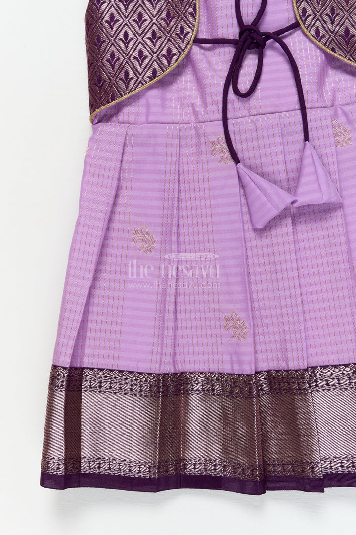 The Nesavu Girls Kanchi Silk Frock Silk Frock for Toddler Girls with Latest Kanchivaram Saree Inspired Zari Border Design Nesavu Nesavu toddler girl silk frock with latest Kanchivaram saree inspired zari weaving and festive finish