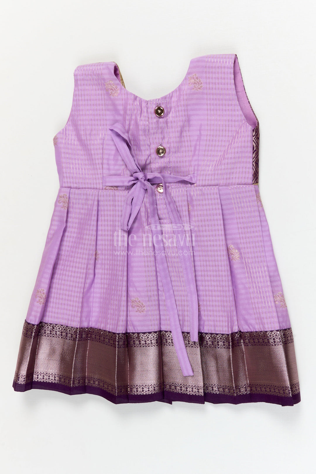 The Nesavu Girls Kanchi Silk Frock Silk Frock for Toddler Girls with Latest Kanchivaram Saree Inspired Zari Border Design Nesavu Nesavu toddler girl silk frock with latest Kanchivaram saree inspired zari weaving and festive finish