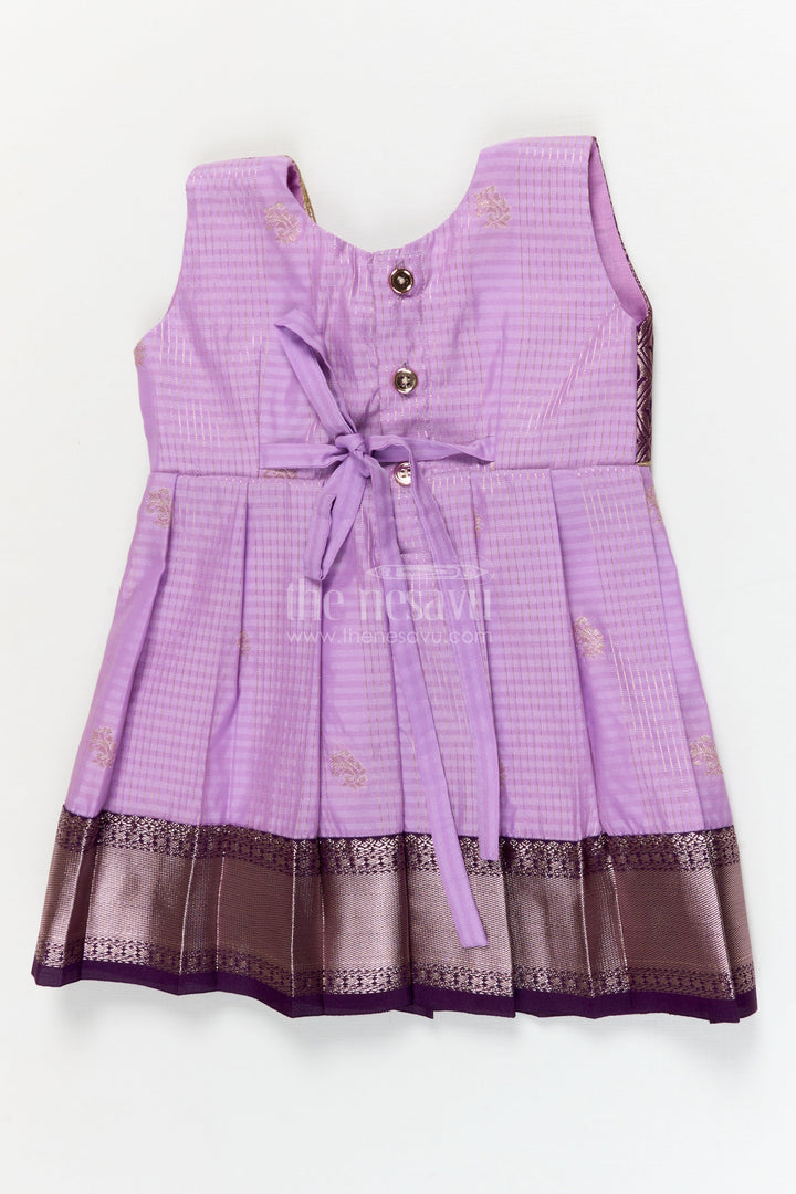 The Nesavu Girls Kanchi Silk Frock Silk Frock for Toddler Girls with Latest Kanchivaram Saree Inspired Zari Border Design Nesavu Nesavu toddler girl silk frock with latest Kanchivaram saree inspired zari weaving and festive finish