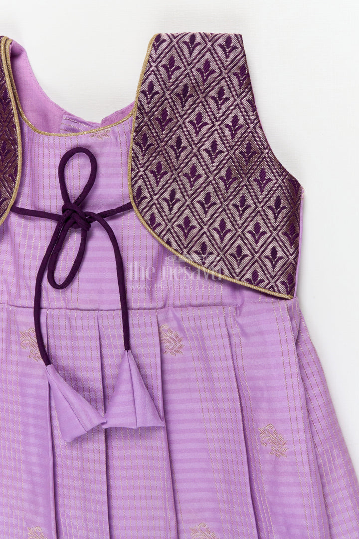 The Nesavu Girls Kanchi Silk Frock Silk Frock for Toddler Girls with Latest Kanchivaram Saree Inspired Zari Border Design Nesavu Nesavu toddler girl silk frock with latest Kanchivaram saree inspired zari weaving and festive finish