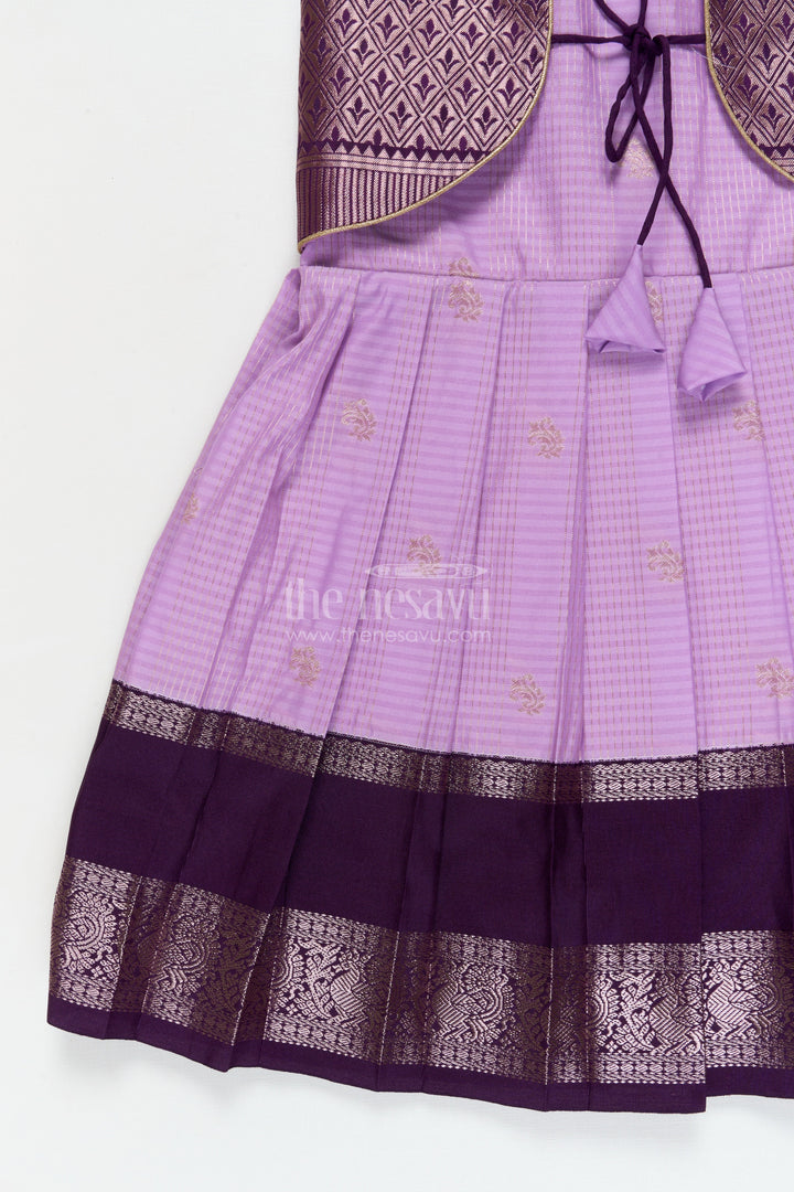 The Nesavu Girls Kanchi Silk Frock Silk Frock for Toddler Girls with Latest Kanchivaram Saree Inspired Zari Border Design Nesavu Nesavu toddler girl silk frock with latest Kanchivaram saree inspired zari weaving and festive finish