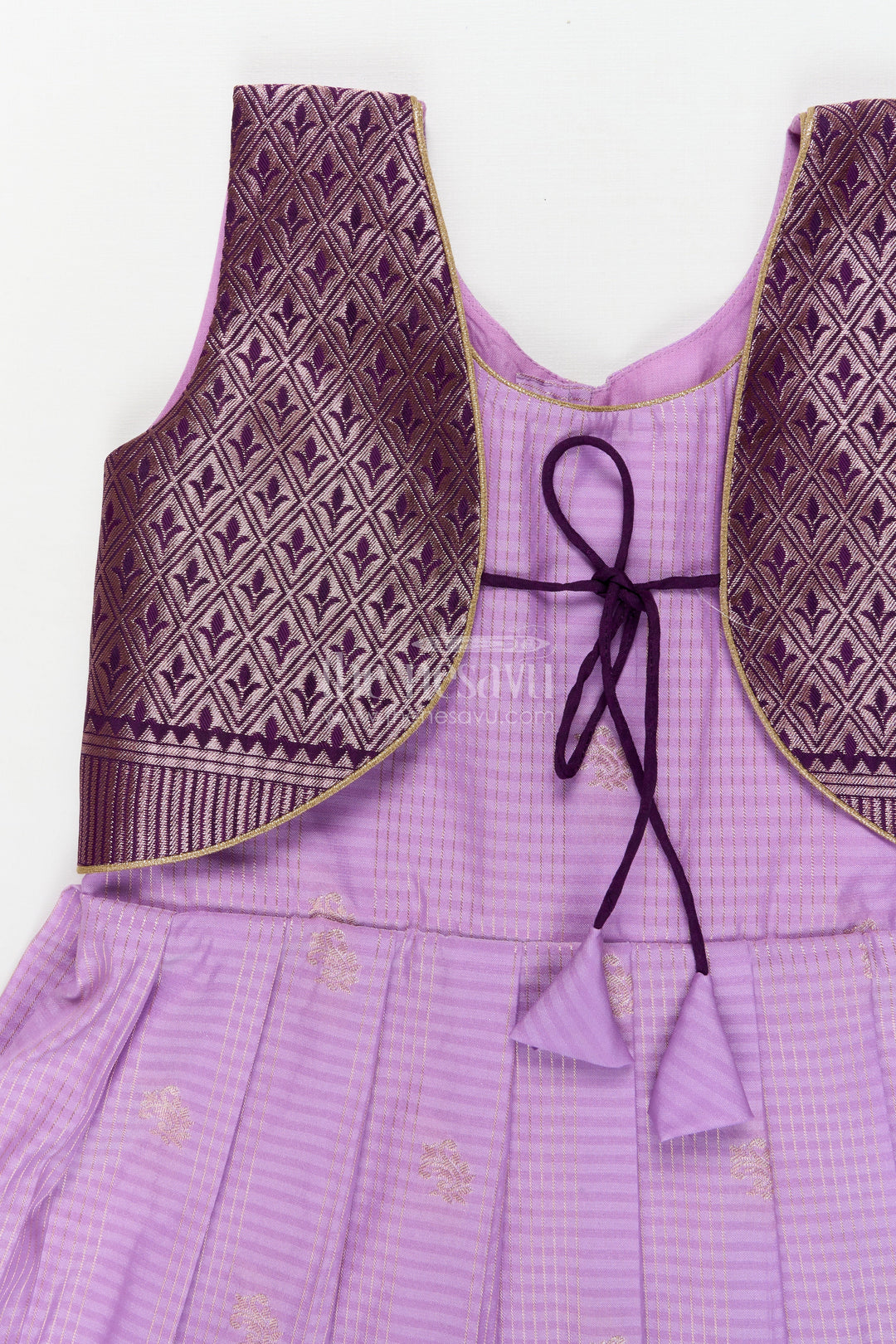 The Nesavu Girls Kanchi Silk Frock Silk Frock for Toddler Girls with Latest Kanchivaram Saree Inspired Zari Border Design Nesavu Nesavu toddler girl silk frock with latest Kanchivaram saree inspired zari weaving and festive finish