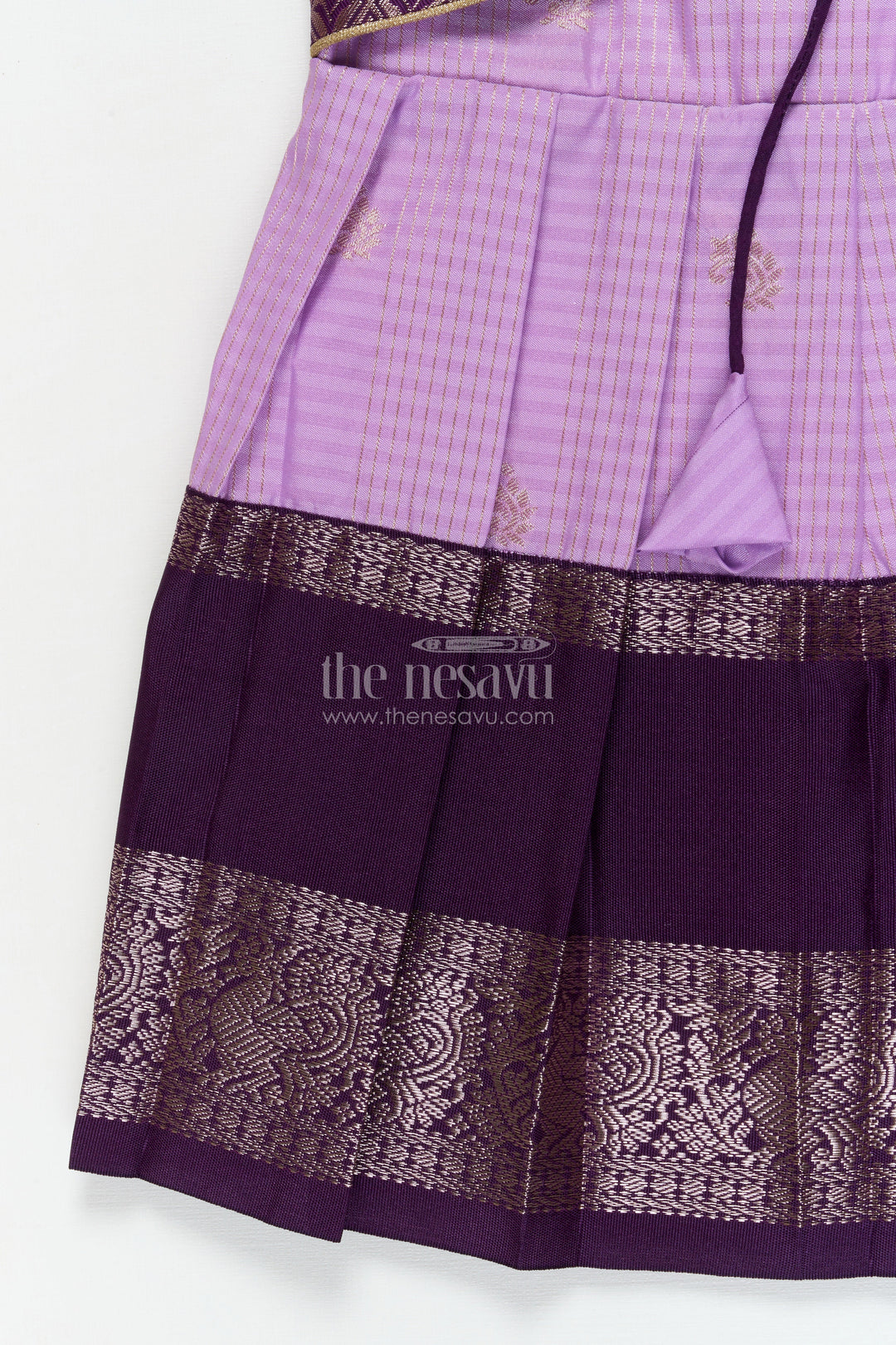The Nesavu Girls Kanchi Silk Frock Silk Frock for Toddler Girls with Latest Kanchivaram Saree Inspired Zari Border Design Nesavu Nesavu toddler girl silk frock with latest Kanchivaram saree inspired zari weaving and festive finish