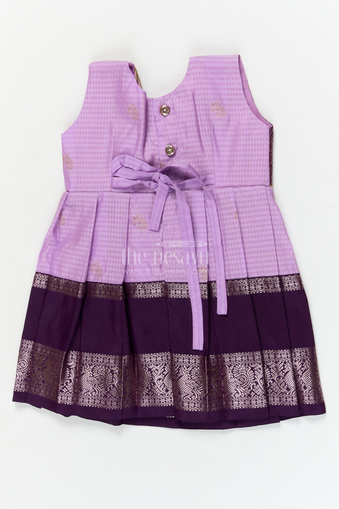 The Nesavu Girls Kanchi Silk Frock Silk Frock for Toddler Girls with Latest Kanchivaram Saree Inspired Zari Border Design Nesavu Nesavu toddler girl silk frock with latest Kanchivaram saree inspired zari weaving and festive finish