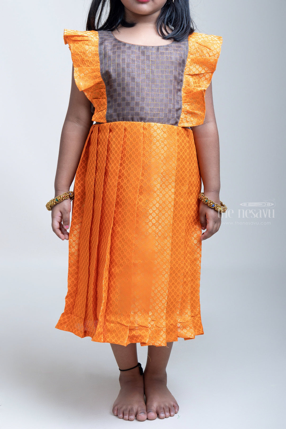 The Nesavu Silk Frock Silk Frock With Brown Yoke And Brocade Printed Orange Flare psr silks Nesavu