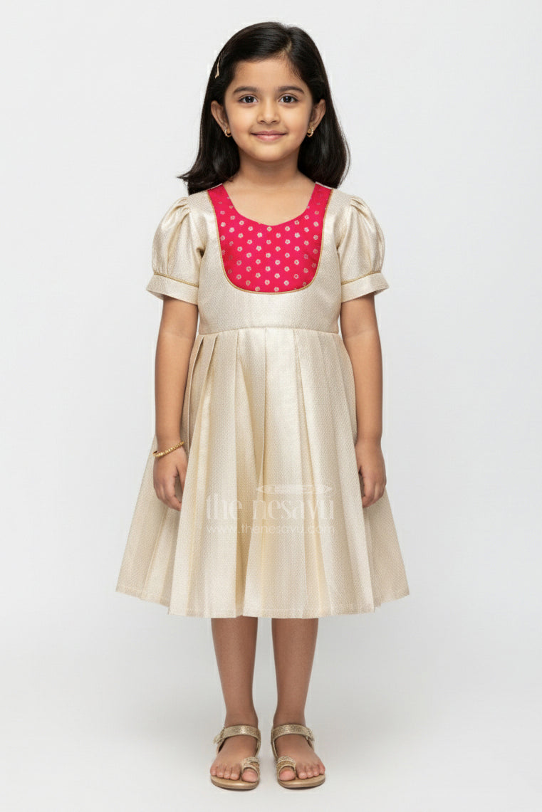 The Nesavu Silk Frock Silk Frocks Baby in Cream Tissue Silk with Magenta Embellished Yoke and Classic Pleated Skirt Nesavu 20 (3Y) / Half white SF1016B-20 Nesavu Cream Tissue Silk Frocks Baby Magenta Embellished Yoke Elegant Puff Sleeves