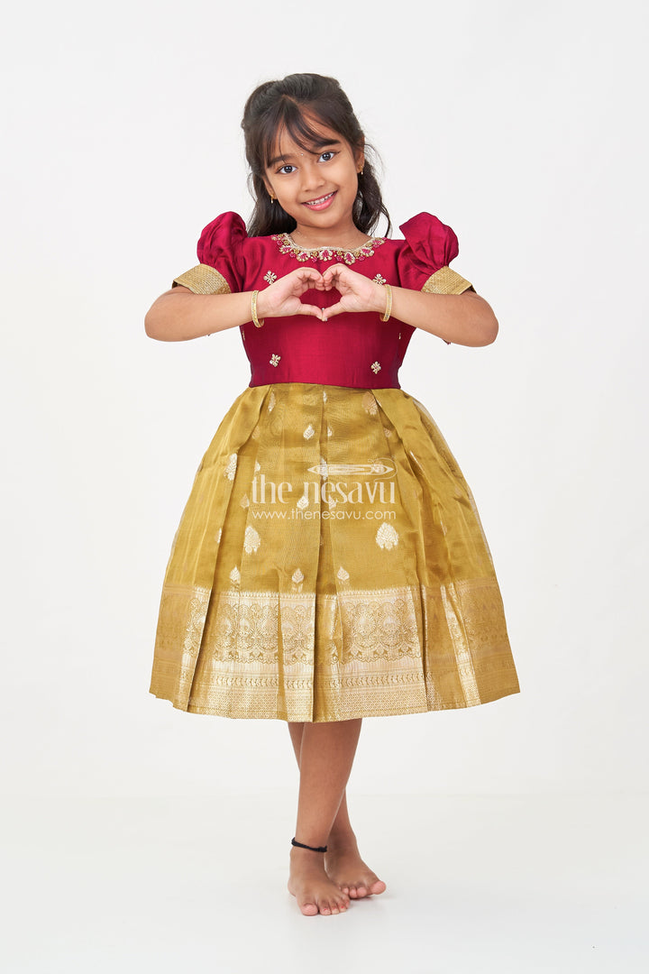 The Nesavu Silk Party Frock Silk Frocks for Girls with Maroon Embroidered Yoke and Gold Tissue Pleated Skirt for Festive Wear Nesavu 16 (1Y) / Green SF988A-16 Silk Frocks for Girls with Maroon Embroidered Bodice and Gold Tissue Bottom for Festive Wear | The Nesavu