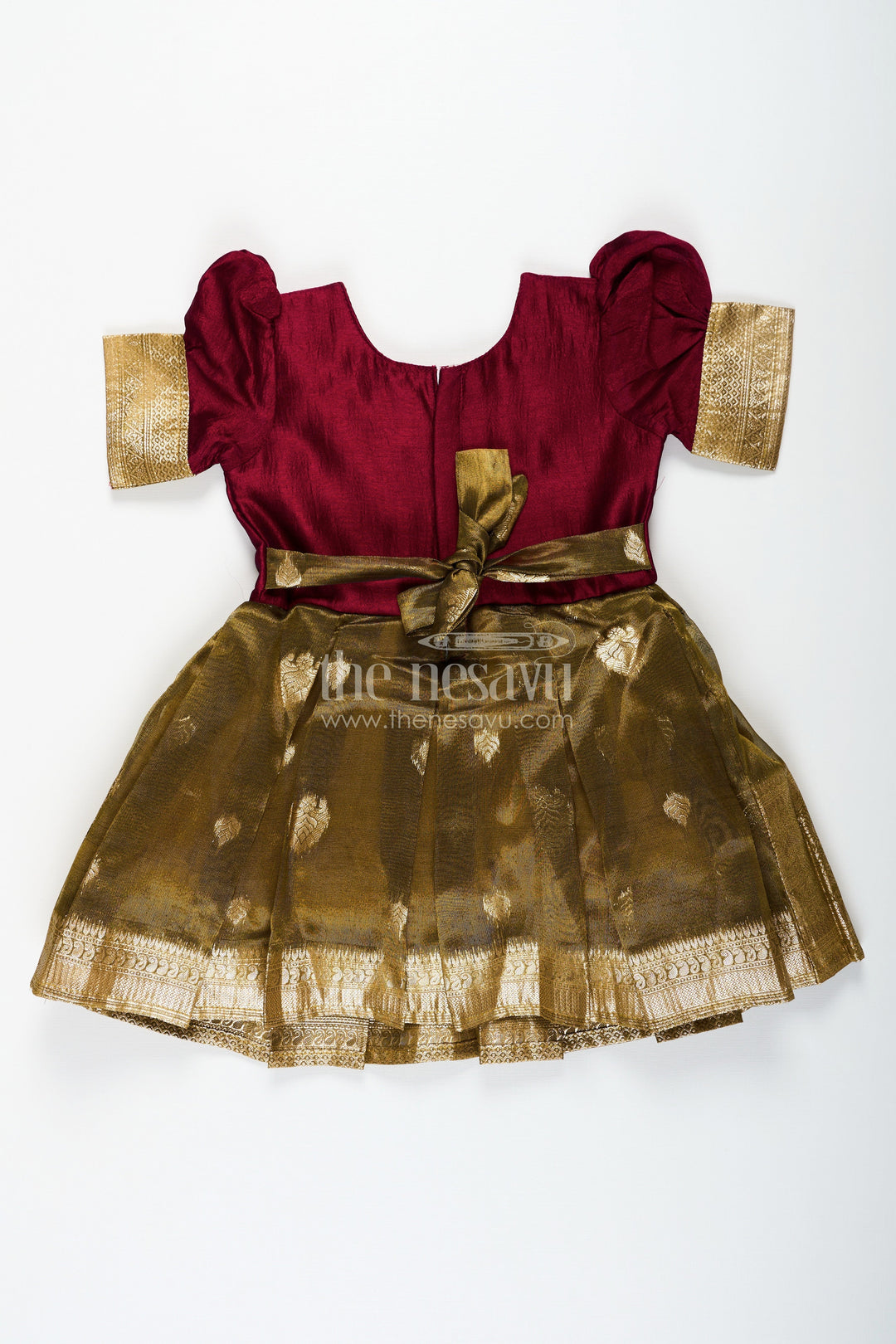 The Nesavu Silk Party Frock Silk Frocks for Girls with Maroon Embroidered Yoke and Gold Tissue Pleated Skirt for Festive Wear Nesavu Silk Frocks for Girls with Maroon Embroidered Bodice and Gold Tissue Bottom for Festive Wear | The Nesavu