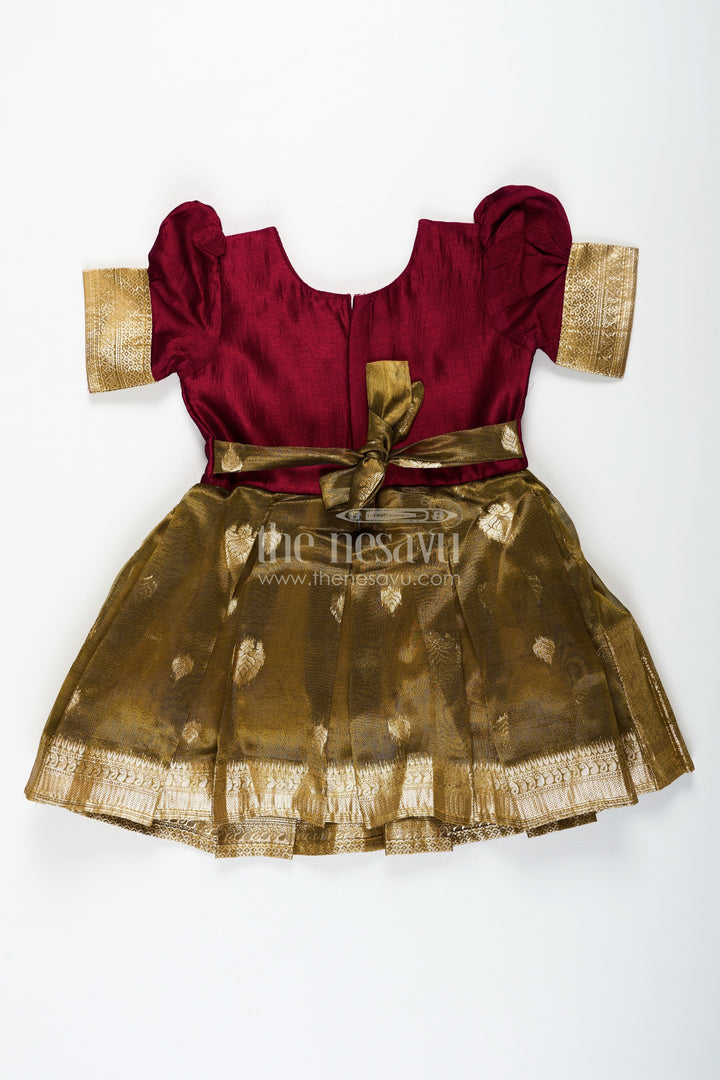 The Nesavu Silk Party Frock Silk Frocks for Girls with Maroon Embroidered Yoke and Gold Tissue Pleated Skirt for Festive Wear Nesavu Silk Frocks for Girls with Maroon Embroidered Bodice and Gold Tissue Bottom for Festive Wear | The Nesavu