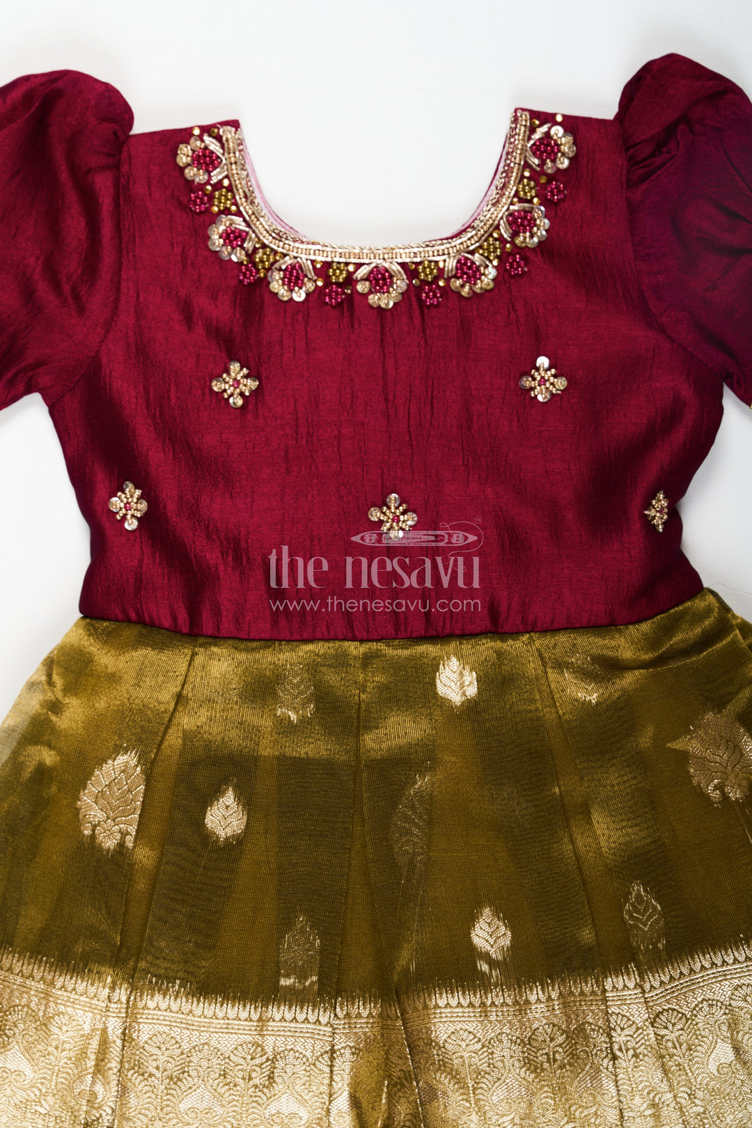 The Nesavu Silk Party Frock Silk Frocks for Girls with Maroon Embroidered Yoke and Gold Tissue Pleated Skirt for Festive Wear Nesavu Silk Frocks for Girls with Maroon Embroidered Bodice and Gold Tissue Bottom for Festive Wear | The Nesavu