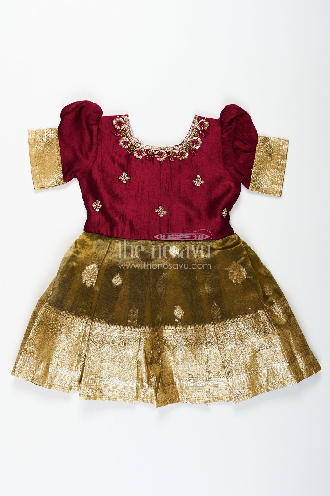 The Nesavu Silk Party Frock Silk Frocks for Girls with Maroon Embroidered Yoke and Gold Tissue Pleated Skirt for Festive Wear Nesavu Silk Frocks for Girls with Maroon Embroidered Bodice and Gold Tissue Bottom for Festive Wear | The Nesavu