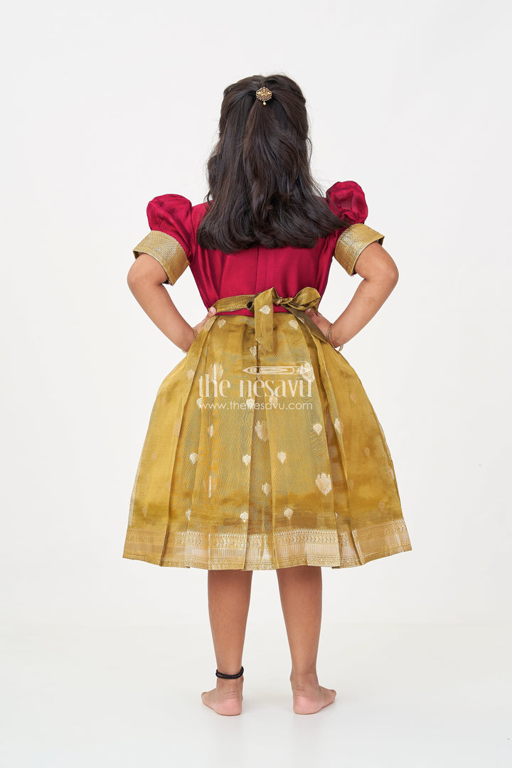 The Nesavu Silk Party Frock Silk Frocks for Girls with Maroon Embroidered Yoke and Gold Tissue Pleated Skirt for Festive Wear Nesavu Silk Frocks for Girls with Maroon Embroidered Bodice and Gold Tissue Bottom for Festive Wear | The Nesavu