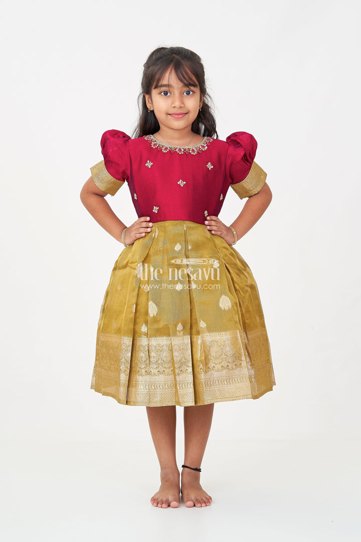 The Nesavu Silk Party Frock Silk Frocks for Girls with Maroon Embroidered Yoke and Gold Tissue Pleated Skirt for Festive Wear Nesavu Silk Frocks for Girls with Maroon Embroidered Bodice and Gold Tissue Bottom for Festive Wear | The Nesavu
