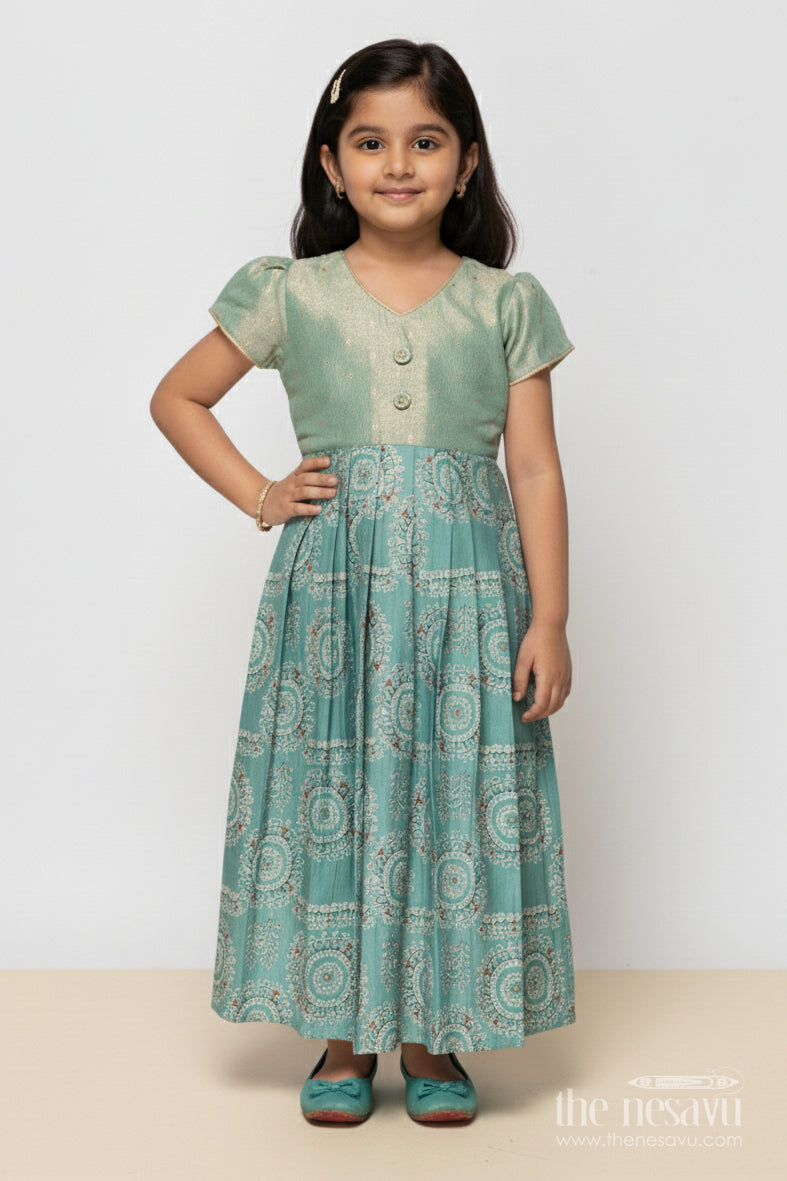 The Nesavu Girls Silk Gown Silk Gown for Girls for Temple Visits and Traditional Gatherings Nesavu 16 (1Y) / Green GA387A-16 Nesavu girls silk gown with tissue silk yoke and mandala prints for poojas and temple visits