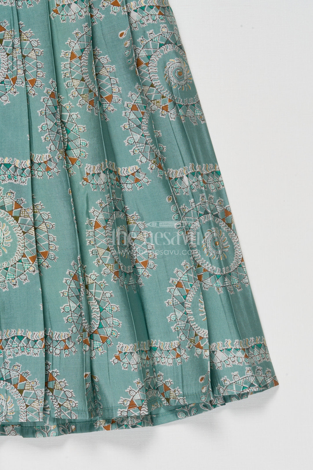 The Nesavu Girls Silk Gown Silk Gown for Girls for Temple Visits and Traditional Gatherings Nesavu Nesavu girls silk gown with tissue silk yoke and mandala prints for poojas and temple visits