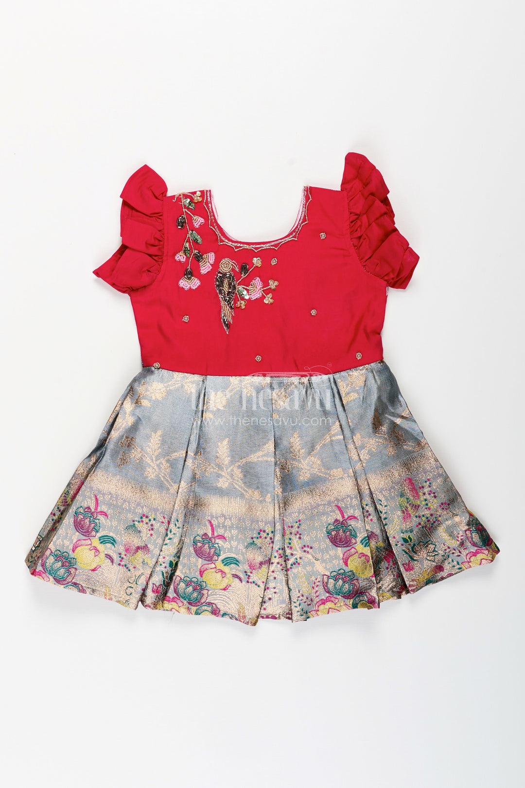 The Nesavu Silk Party Frock Silk Party Frock for Baby Girl with Embroidered Bird Motif and Tissue Pleats Nesavu Nesavu baby girl silk party frock bird embroidery zari tissue skirt  perfect occasions