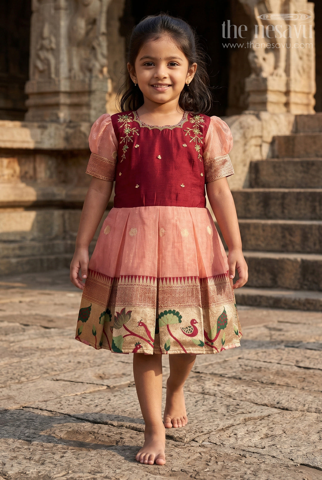 The Nesavu Silk Party Frock Silk Party Frock for Baby Girls for Birthday and Traditional Events Nesavu 16 (1Y) / Peach / Silk Blend SF1118A-16 Nesavu silk frock for baby girls with traditional woven pleats and floral embroidery