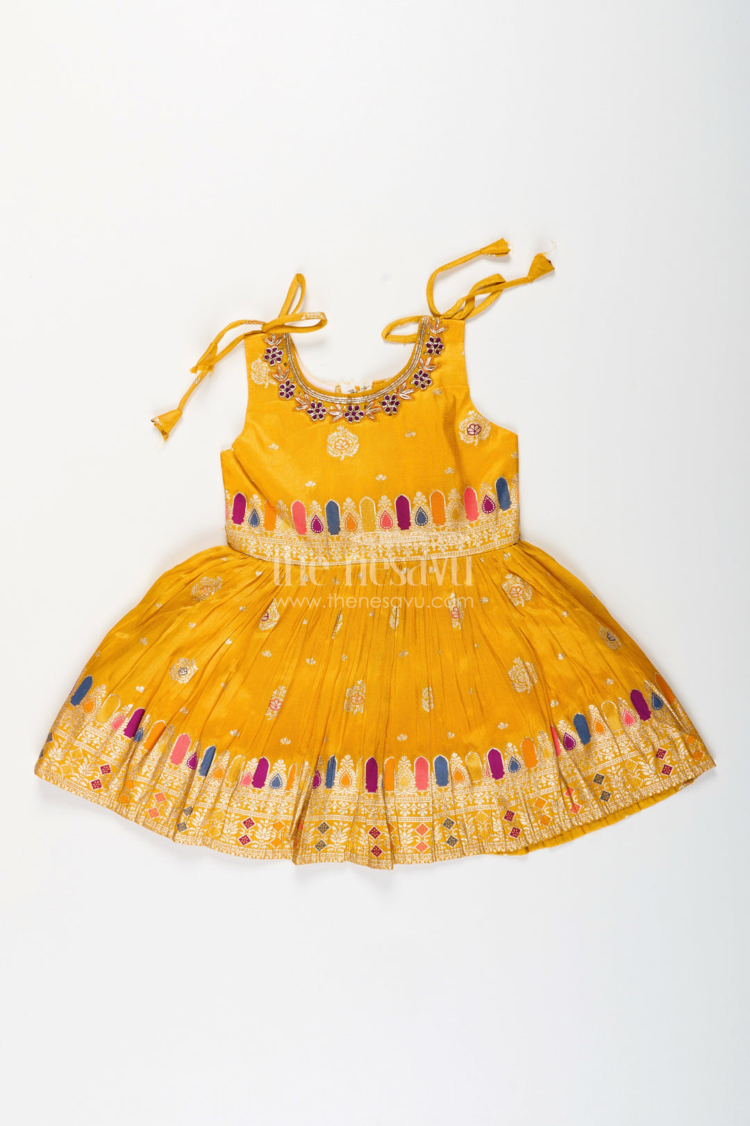 The Nesavu Silk Party Frock Silk Party Frock for Baby Girls with Mirror Border and Tie-Up Sleeves Nesavu Nesavu baby girls silk frock zari pleats mirror detailing  perfect festive occasions