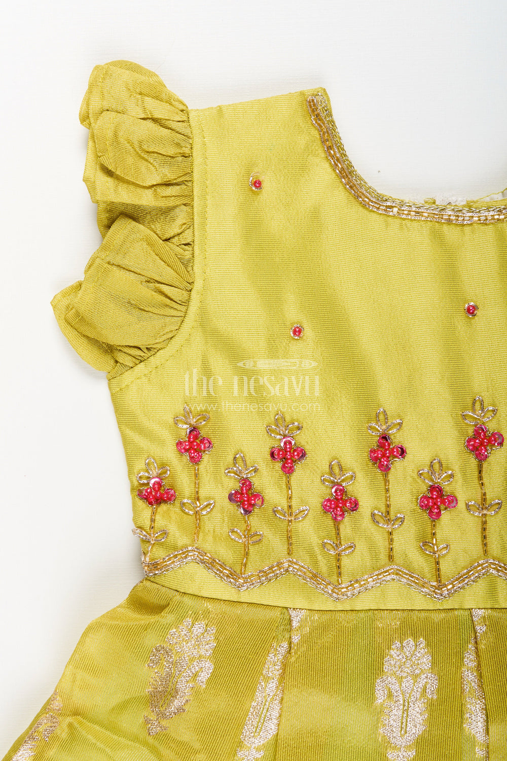 The Nesavu Silk Party Frock Silk Party Frock for Baby Girls with Zari Border and Floral Work Nesavu Nesavu silk party frock baby girls zari border embroidered yoke  festive ready
