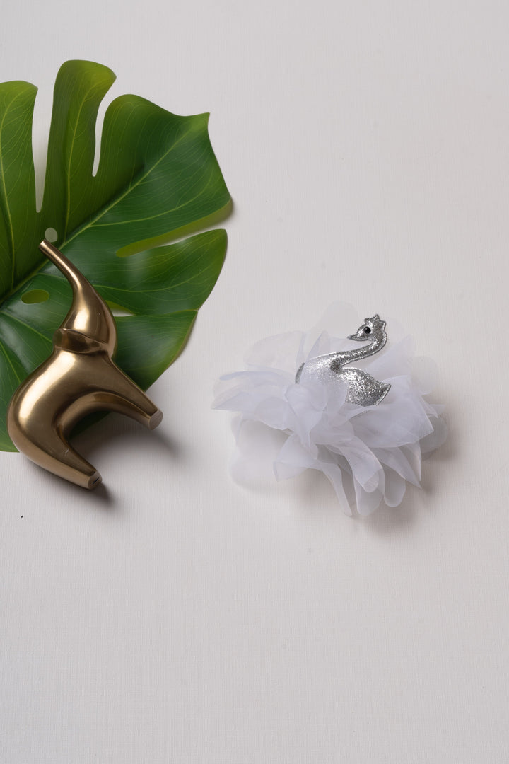 The Nesavu Hair Clip Silvery Swan White Tulle Hair Clip for Girls Nesavu White JHCL67D Sparkling Silvery Swan Hair Clip for Girls | Whimsical Tulle Accessories | The Nesavu