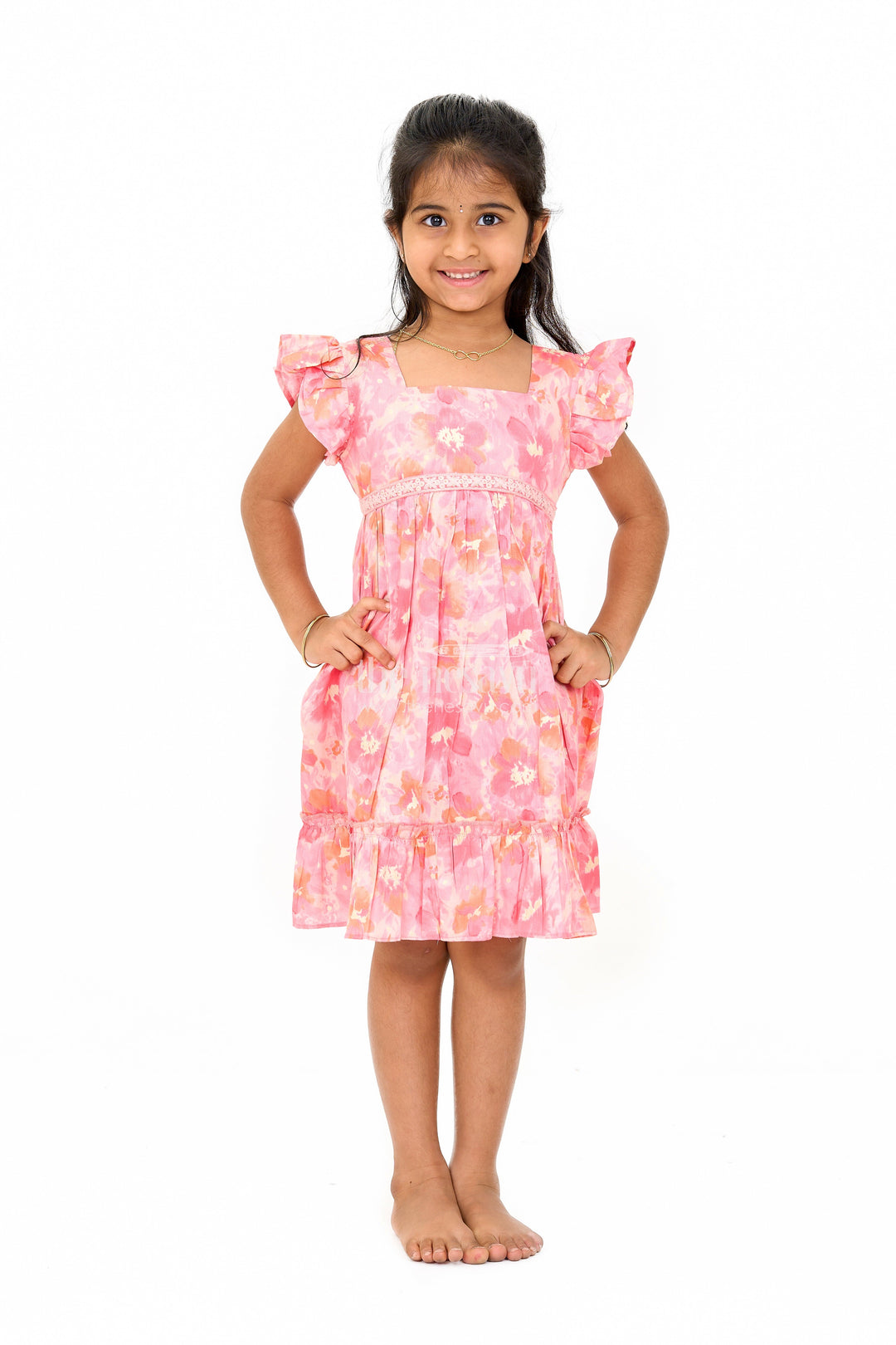 The Nesavu Girls Cotton Frock Simple Cotton Frocks for Babies in Pink with Ruffled Hem and Floral Print Nesavu 16 (1Y) / Pink GFC1579C-16 Simple Cotton Frocks Babies Ruffles Floral Prints Pink | The Nesavu