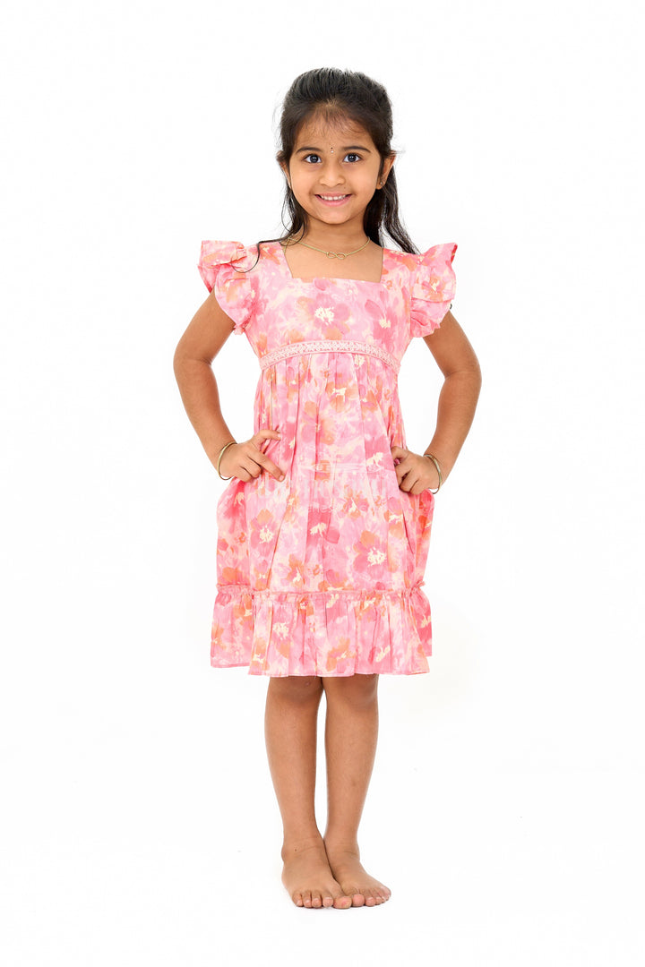 The Nesavu Girls Cotton Frock Simple Cotton Frocks for Babies in Pink with Ruffled Hem and Floral Print Nesavu 16 (1Y) / Pink GFC1579C-16 Simple Cotton Frocks Babies Ruffles Floral Prints Pink | The Nesavu