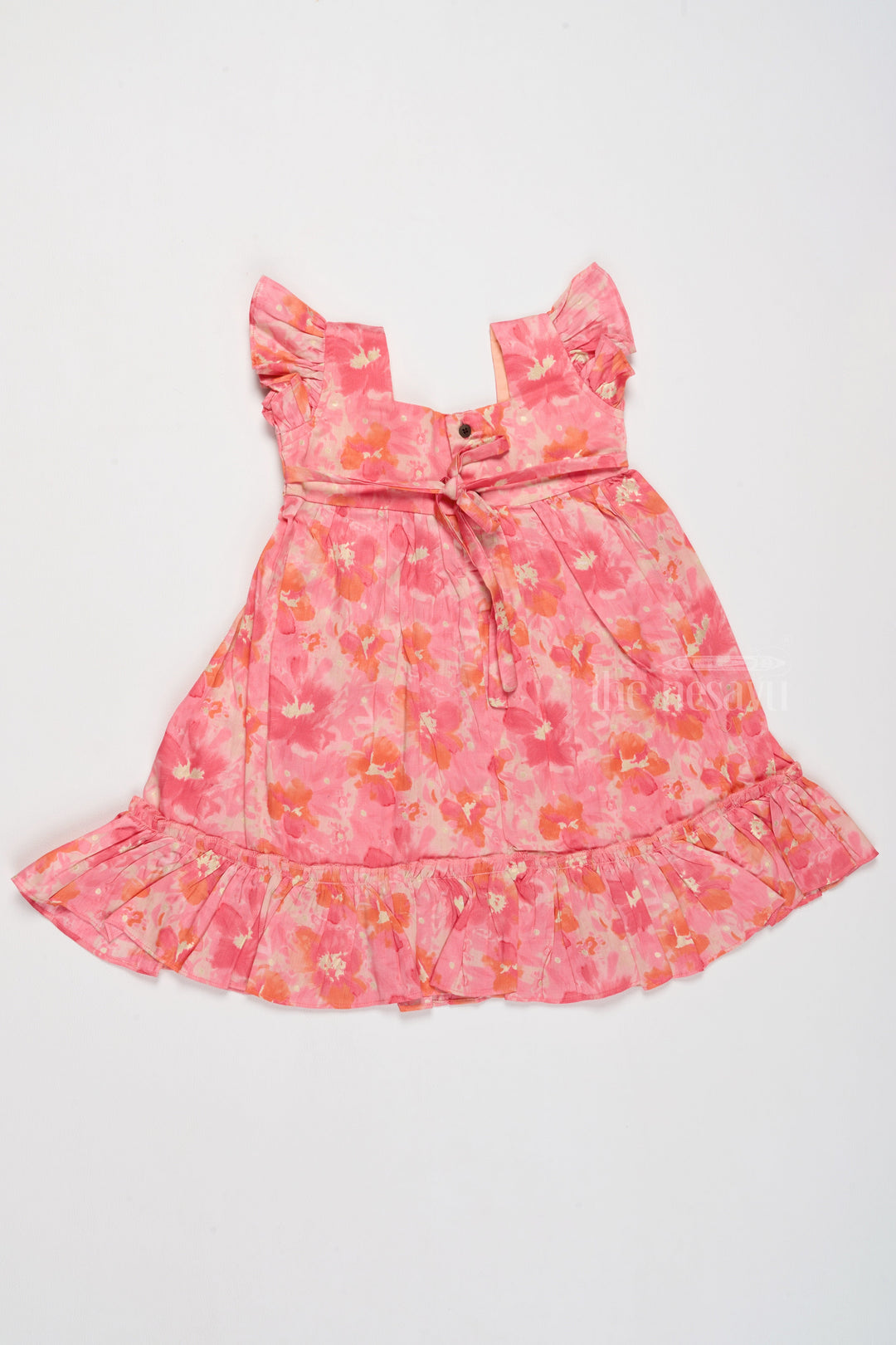 The Nesavu Girls Cotton Frock Simple Cotton Frocks for Babies in Pink with Ruffled Hem and Floral Print Nesavu Simple Cotton Frocks Babies Ruffles Floral Prints Pink | The Nesavu