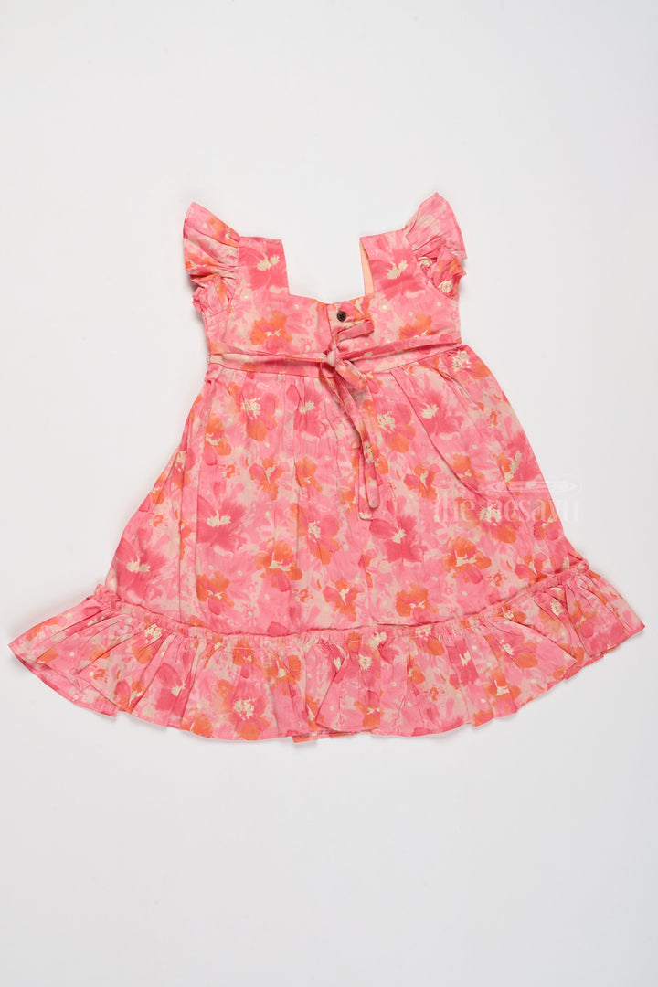 The Nesavu Girls Cotton Frock Simple Cotton Frocks for Babies in Pink with Ruffled Hem and Floral Print Nesavu Simple Cotton Frocks Babies Ruffles Floral Prints Pink | The Nesavu