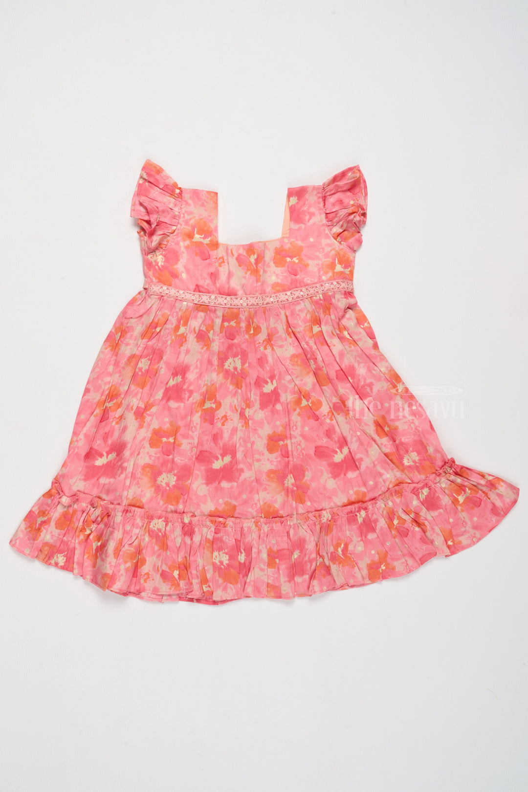 The Nesavu Girls Cotton Frock Simple Cotton Frocks for Babies in Pink with Ruffled Hem and Floral Print Nesavu Simple Cotton Frocks Babies Ruffles Floral Prints Pink | The Nesavu