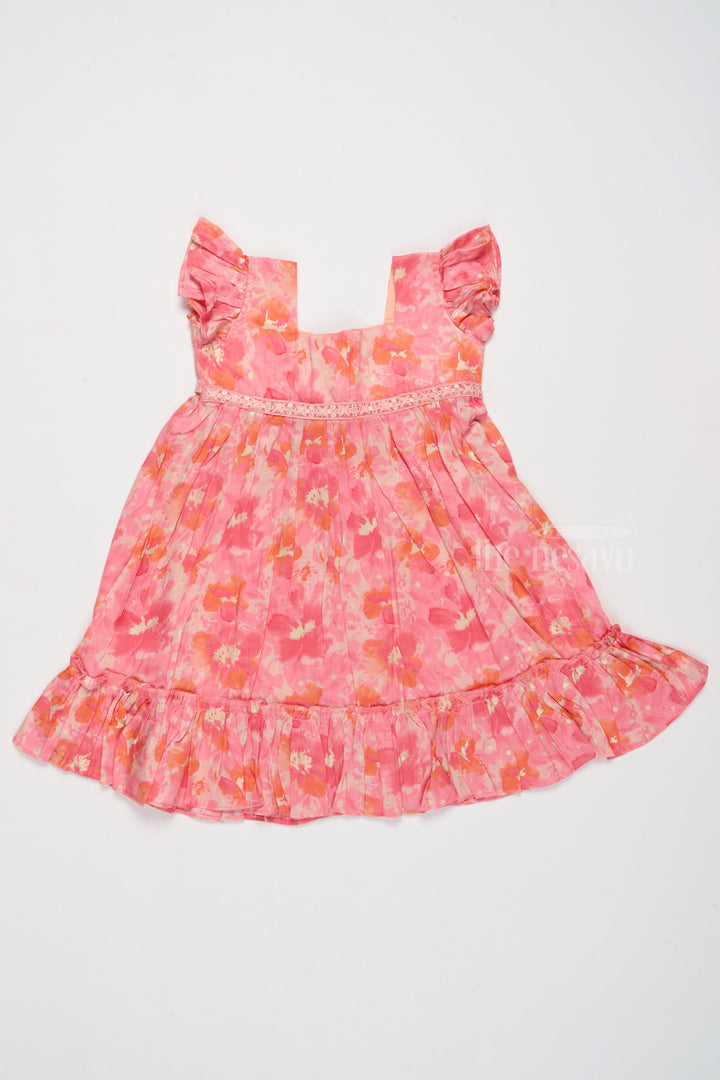 The Nesavu Girls Cotton Frock Simple Cotton Frocks for Babies in Pink with Ruffled Hem and Floral Print Nesavu Simple Cotton Frocks Babies Ruffles Floral Prints Pink | The Nesavu