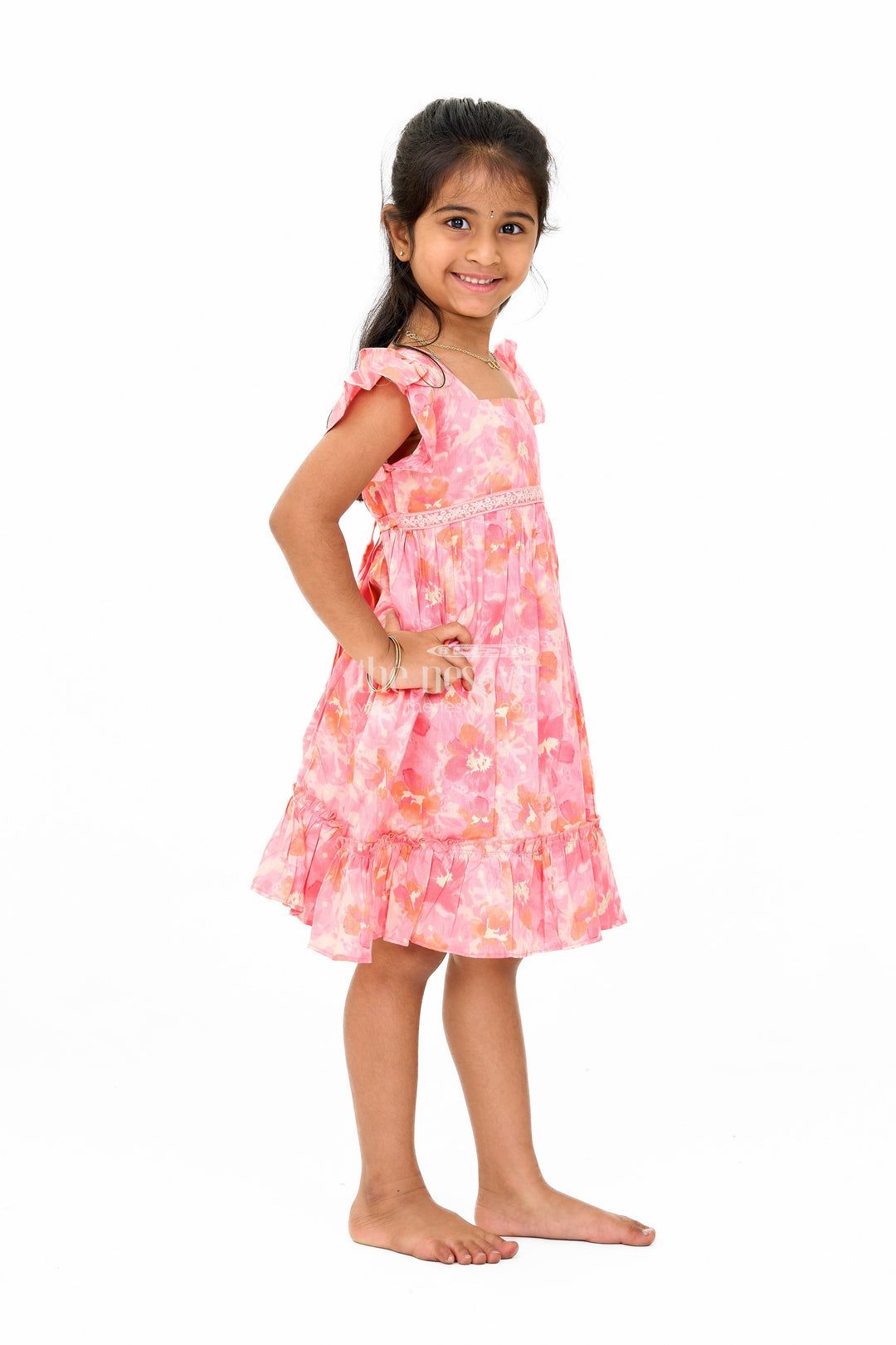 The Nesavu Girls Cotton Frock Simple Cotton Frocks for Babies in Pink with Ruffled Hem and Floral Print Nesavu Simple Cotton Frocks Babies Ruffles Floral Prints Pink | The Nesavu
